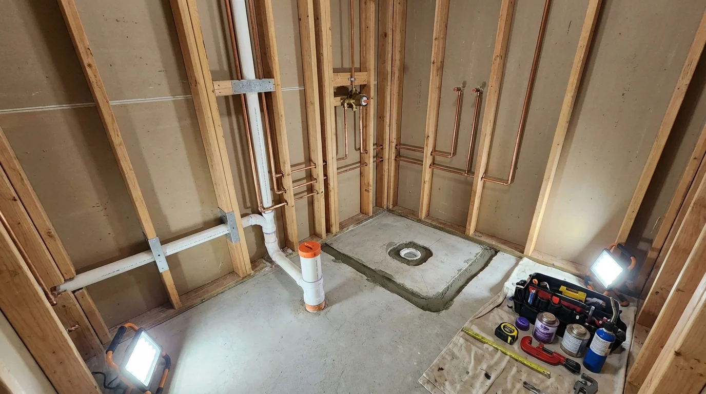 Bathroom rough-in plumbing during remodel by Johns Plumbing LLC in El Reno