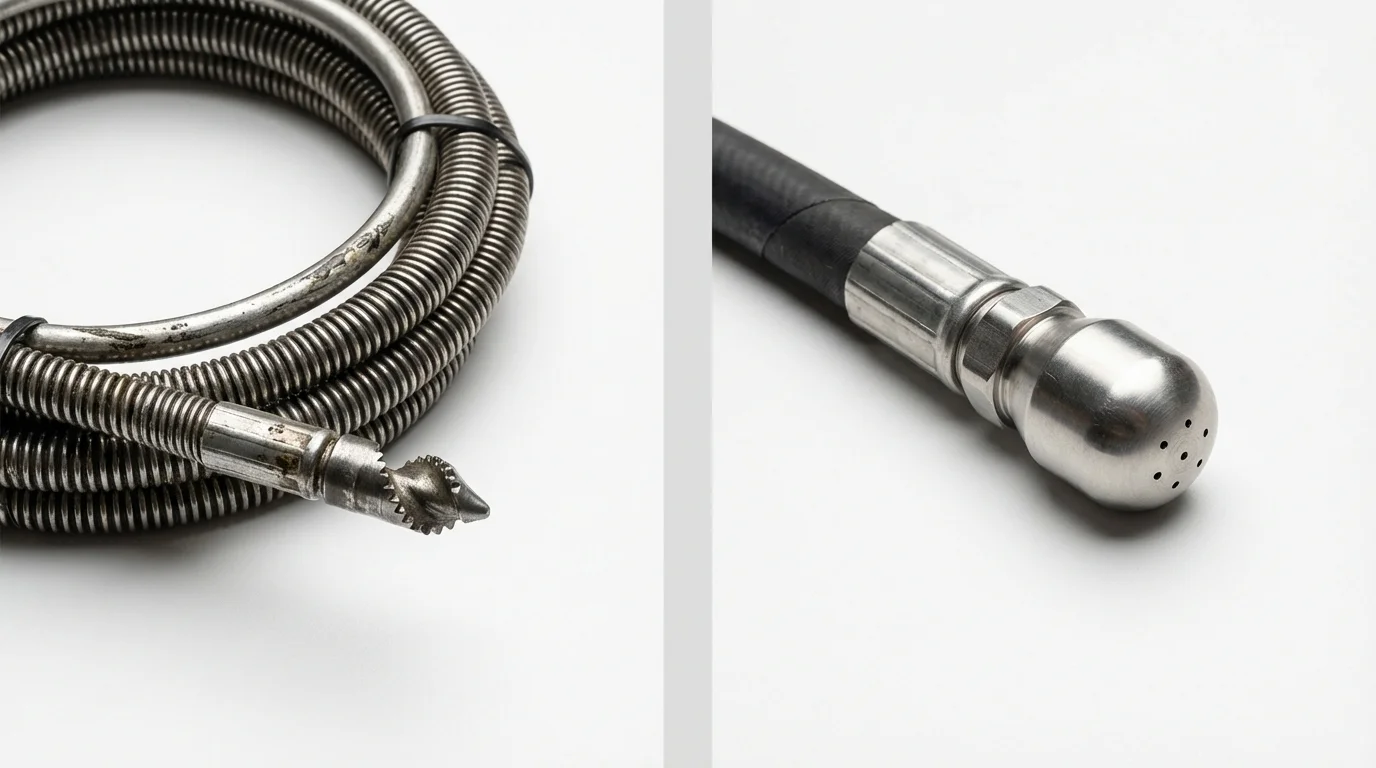 Drain snake cable and hydro jetting nozzle used for drain cleaning in El Reno, OK