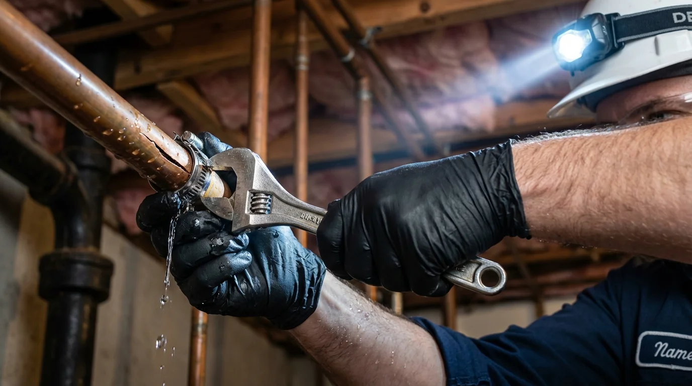 Emergency pipe clamp repair being performed by a Johns Plumbing LLC plumber in El Reno