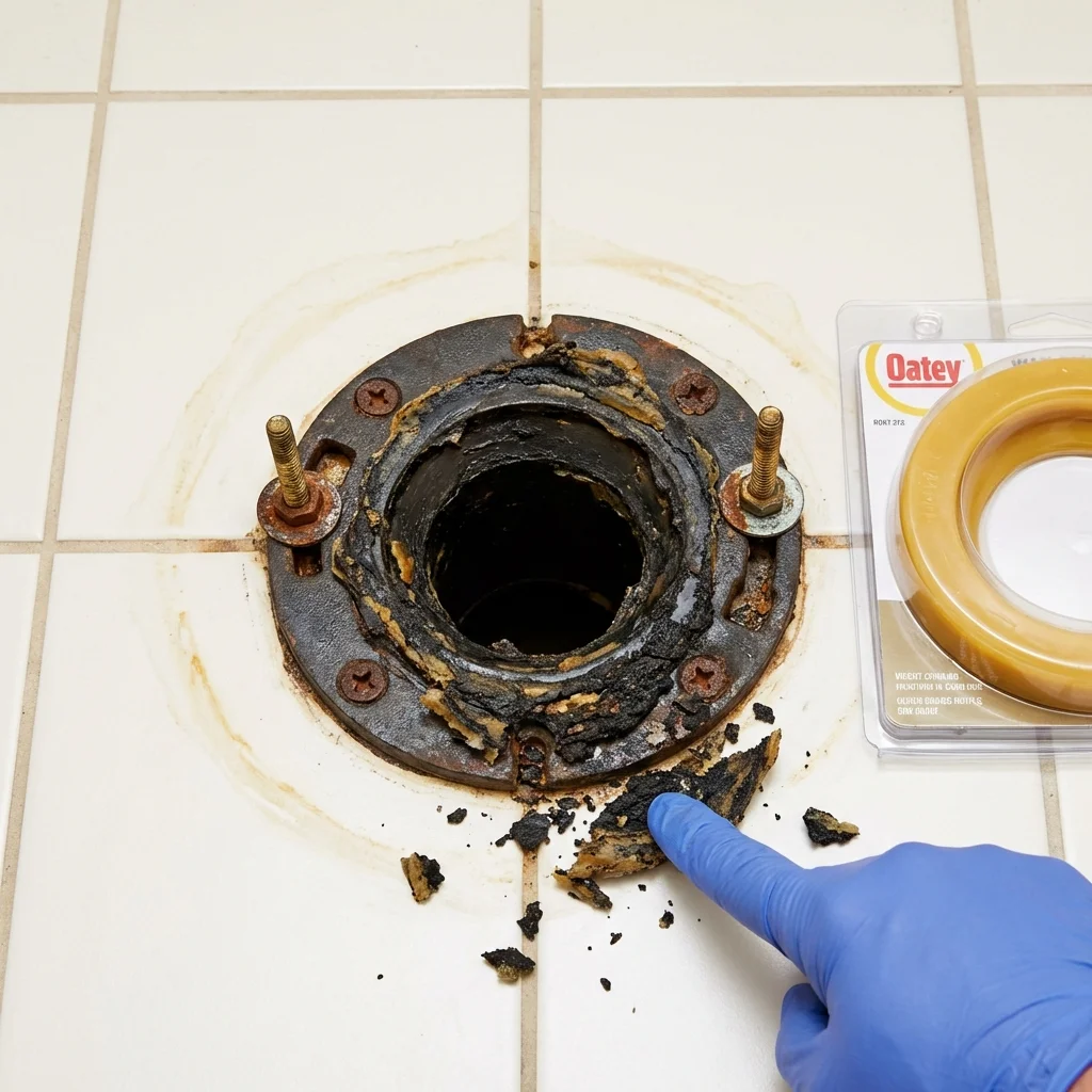 Failed wax ring showing water seepage at the base of a toilet in a El Reno, OK home