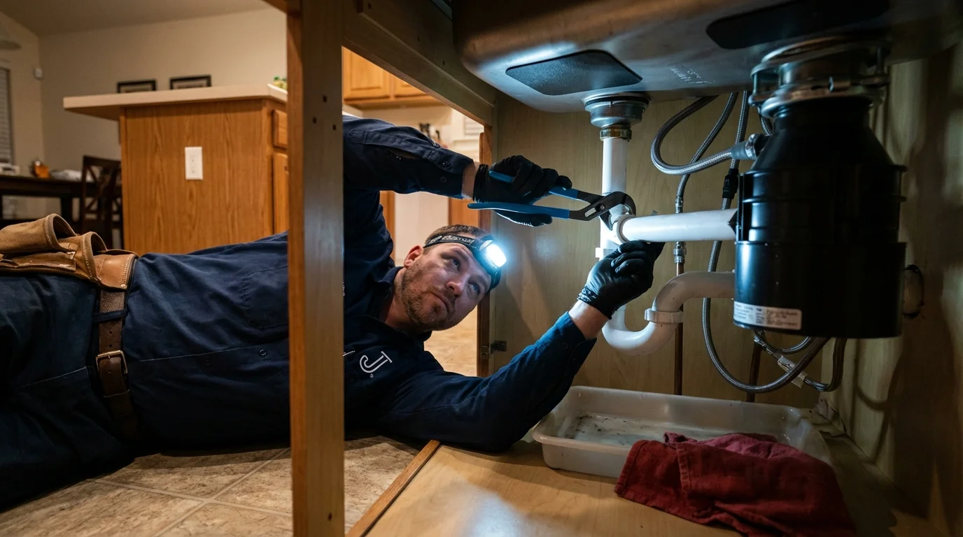 P-trap and supply line connections under a kitchen sink showing a common leak point in El Reno, OK